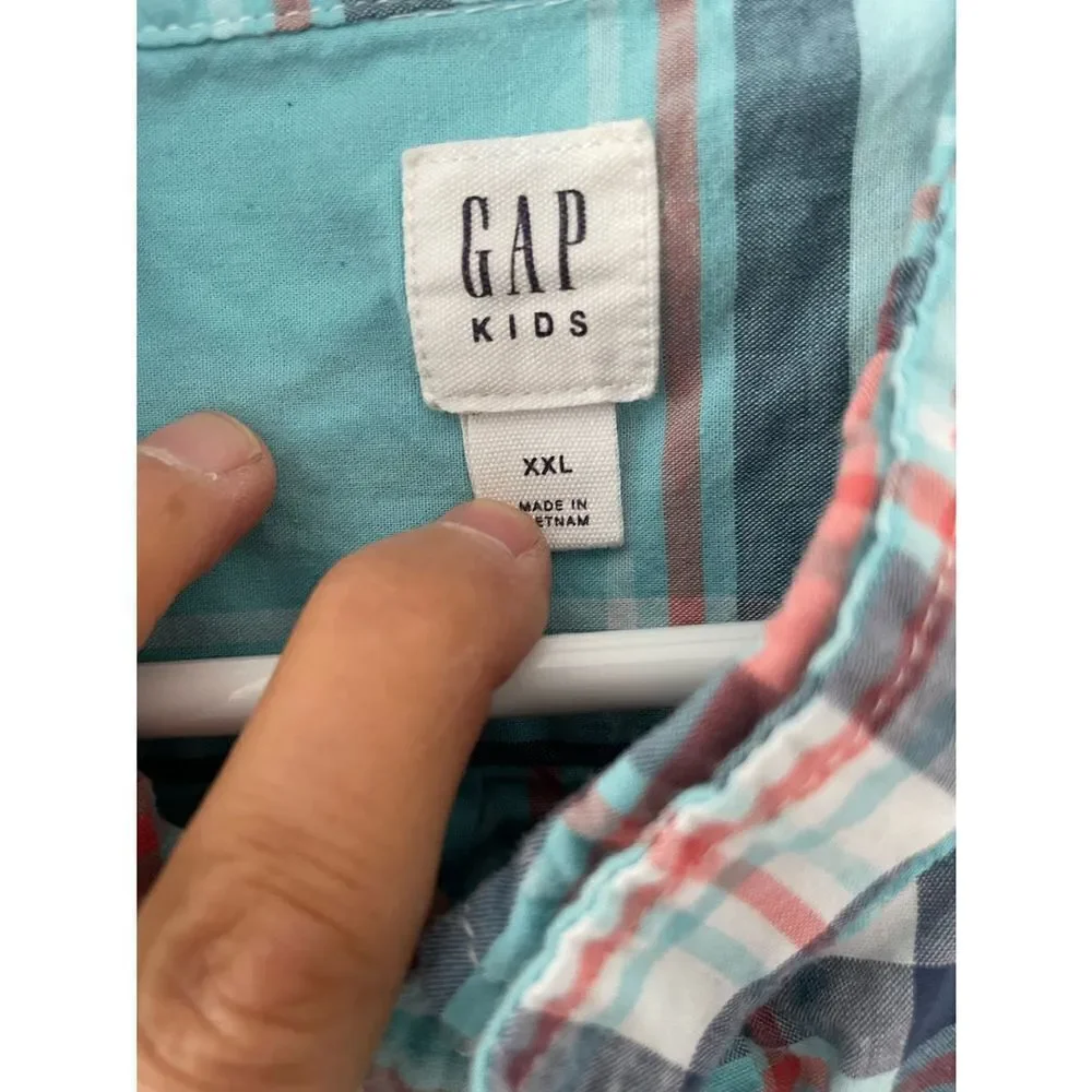 Gap boys turquoise plaid shirt sleeve button down cotton shirt XXL